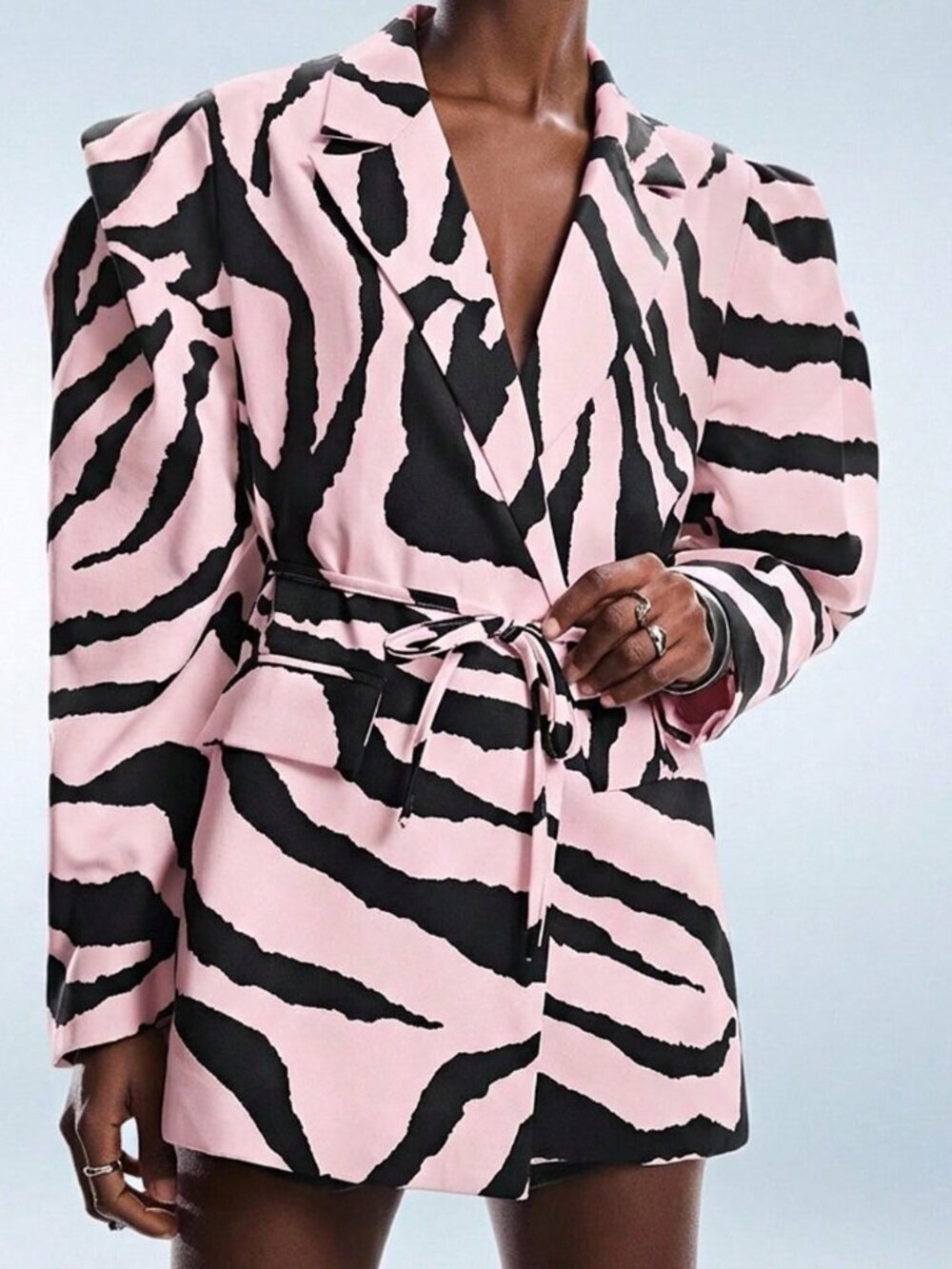 Multicolor Elegant Women's Zebra Print Wide Shoulder Cinched Waist Blazer - Picture 5 of 8